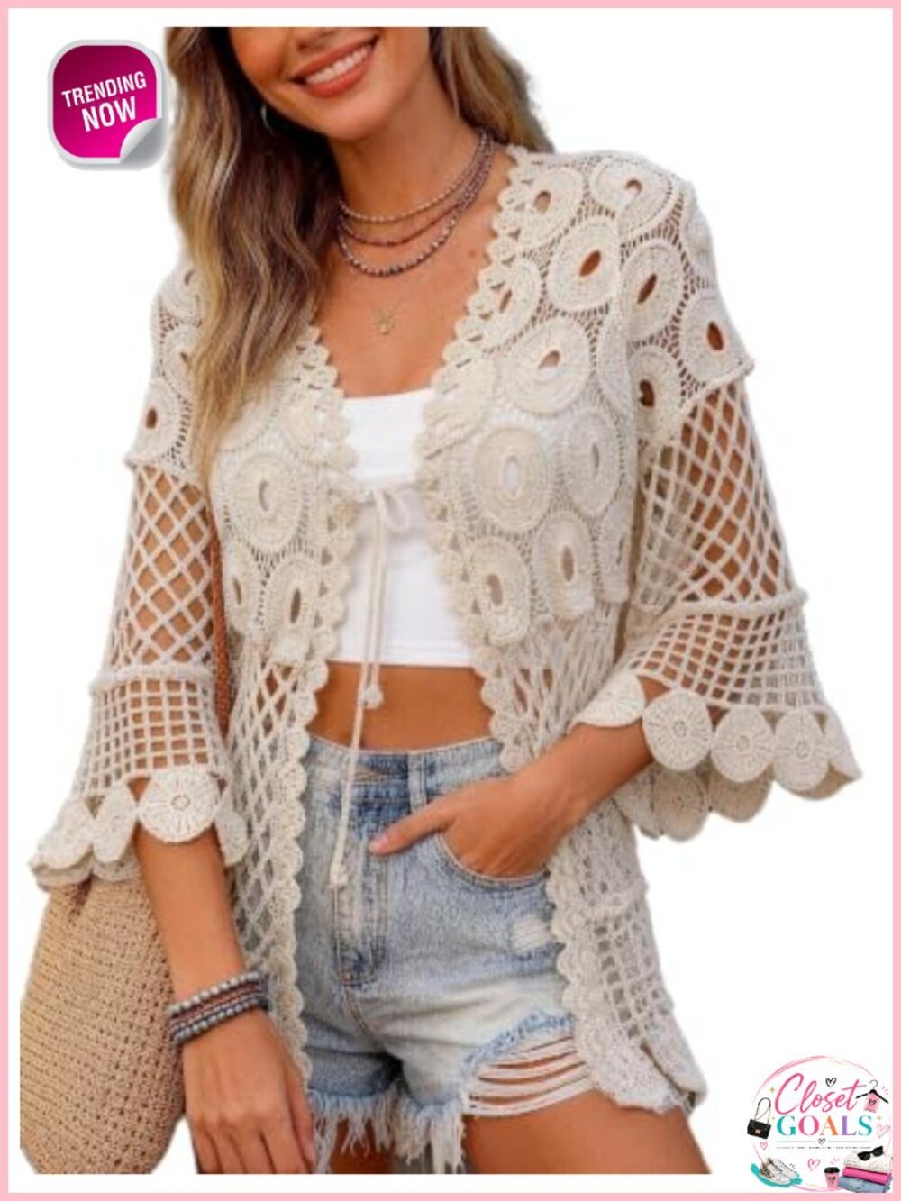 Crochet Cardigan 3/4 Sleeve Lightweight Sweater Beach Cover Up